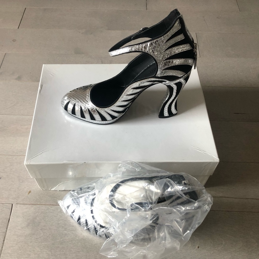 Brand new silver and black Rodarte Mary Jane heels